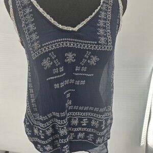 LFT  Navy Blue Sleeveless Embellished Sheer Bohemian Tank Small